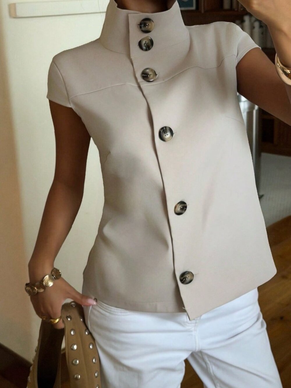 Apricot Casual Women's Regular Batwing Stand Collar Button Shirt